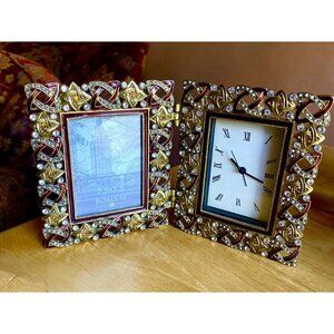 Bombay Company Victorian Style Metal Rhinestone Enamel Photo Clock Combo